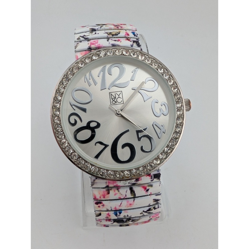 NY&C Women's watch 40mm Case Rhinestones Flower Stretch Band- New Battery